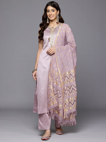 Varanga Women Lavender Zari And Sequins Lace Embellished Kurta With Bottom And Dupatta