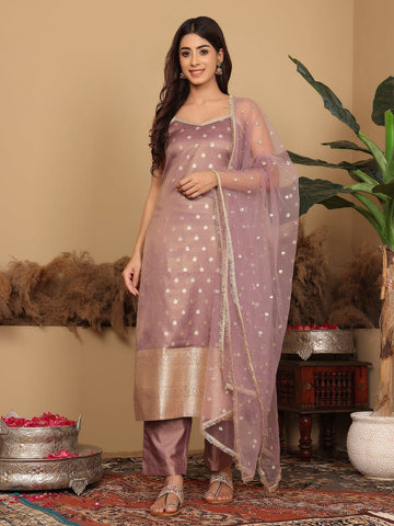 Varanga Women Mauve Brocade Zari And Sequins Lace Embellished Kurta With Bottom And Dupatta