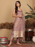 Varanga Women Mauve Brocade Zari And Sequins Lace Embellished Kurta With Bottom And Dupatta