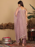 Varanga Women Mauve Brocade Zari And Sequins Lace Embellished Kurta With Bottom And Dupatta