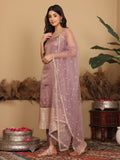 Varanga Women Mauve Brocade Zari And Sequins Lace Embellished Kurta With Bottom And Dupatta