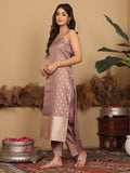 Varanga Women Mauve Brocade Zari And Sequins Lace Embellished Kurta With Bottom And Dupatta