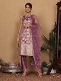 Varanga Women Lavender Brocade Zari And Sequins Lace Embellished Kurta With Bottom And Dupatta