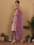 Varanga Women Lavender Brocade Zari And Sequins Lace Embellished Kurta With Bottom And Dupatta