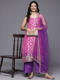 Varanga Women  Pink Brocade Strap Style Kurta With Contrast  Bottom And Dupatta