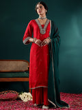 Varanga Women Red Contrast Zari Embroidered Kurta With Sharara And Dupatta