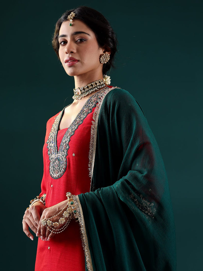 Varanga Women Red Contrast Zari Embroidered Kurta With Sharara And Dupatta