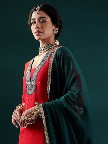Varanga Women Red Contrast Zari Embroidered Kurta With Sharara And Dupatta