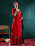 Varanga Women Red Contrast Zari Embroidered Kurta With Sharara And Dupatta