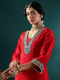 Varanga Women Red Contrast Zari Embroidered Kurta With Sharara And Dupatta