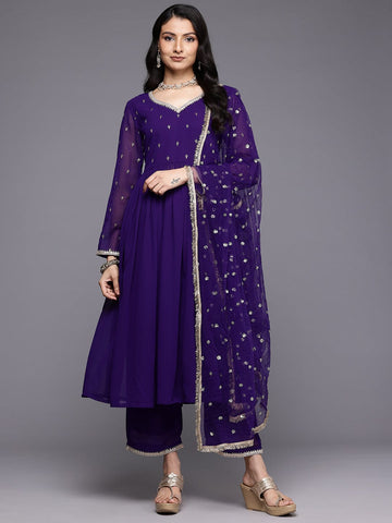 Varanga Women Purple Zari Embroidered Flared Kurta With Bottom And Dupatta