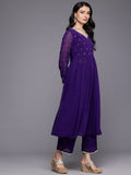 Varanga Women Purple Zari Embroidered Flared Kurta With Bottom And Dupatta