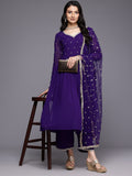 Varanga Women Purple Zari Embroidered Flared Kurta With Bottom And Dupatta