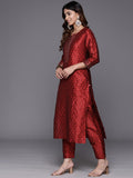 Varanga Women Maroon Woven Zari Embroidered Straight Kurta With Bottom And Dupatta