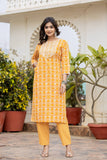 Varanga Women Mustard Printed Round Neck Yoke  Embroidered Kurta Paired With Bottom And Dupatta