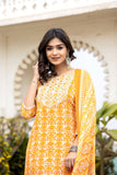 Varanga Women Mustard Printed Round Neck Yoke  Embroidered Kurta Paired With Bottom And Dupatta