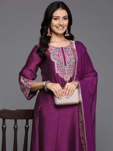 Varanga Women Purple Zari Embroidered Mirror Embellished A-Line Kurta With Bottom And Dupatta