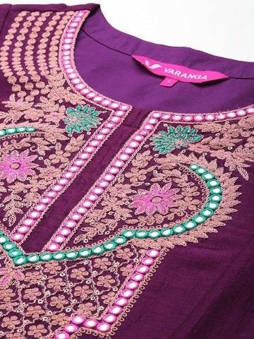 Varanga Women Purple Zari Embroidered Mirror Embellished A-Line Kurta With Bottom And Dupatta