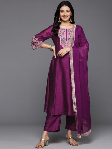 Varanga Women Purple Zari Embroidered Mirror Embellished A-Line Kurta With Bottom And Dupatta