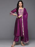 Varanga Women Purple Zari Embroidered Mirror Embellished A-Line Kurta With Bottom And Dupatta