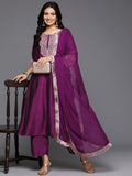 Varanga Women Purple Zari Embroidered Mirror Embellished A-Line Kurta With Bottom And Dupatta