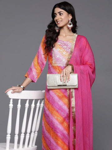 Varanga Women Pink Foil Printed Bandhani Zari Embroidered Kurta With Bottom And Dupatta