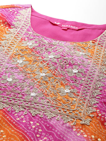 Varanga Women Pink Foil Printed Bandhani Zari Embroidered Kurta With Bottom And Dupatta