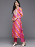 Varanga Women Pink Foil Printed Bandhani Zari Embroidered Kurta With Bottom And Dupatta