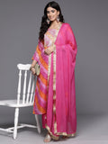 Varanga Women Pink Foil Printed Bandhani Zari Embroidered Kurta With Bottom And Dupatta