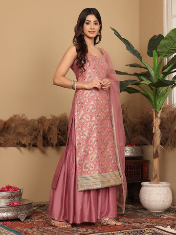 Varanga Women Pink Brocade Strap Sleeves Kurta With Sharara And Dupatta