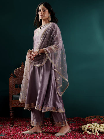 Varanga Women Lavender Zari Lace Embellsihed A Line Kurta With Bottom And Dupatta