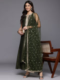 Varanga Women Olive Green Lace Embellished Sleeveless Straight Kurta Paired With Tonal Plazzo And Dupatta