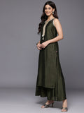 Varanga Women Olive Green Lace Embellished Sleeveless Straight Kurta Paired With Tonal Plazzo And Dupatta