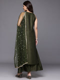 Varanga Women Olive Green Lace Embellished Sleeveless Straight Kurta Paired With Tonal Plazzo And Dupatta