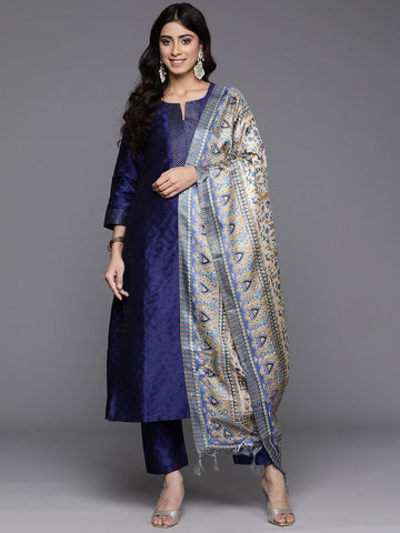 Varanga Women Navy Blue Woven Zari Embroidered Straight Kurta With Bottom And Dupatta