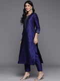 Varanga Women Navy Blue Woven Zari Embroidered Straight Kurta With Bottom And Dupatta