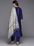 Varanga Women Navy Blue Woven Zari Embroidered Straight Kurta With Bottom And Dupatta