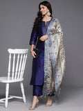 Varanga Women Navy Blue Woven Zari Embroidered Straight Kurta With Bottom And Dupatta