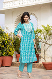 Varanga Women Blue Printed Round Neck Yoke  Embroidered Kurta Paired With Bottom And Dupatta