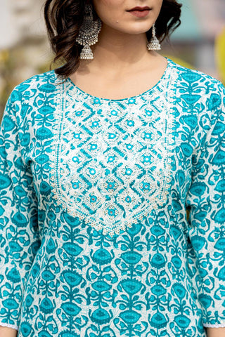 Varanga Women Blue Printed Round Neck Yoke Embroidered Kurta Paired With Bottom And Dupatta