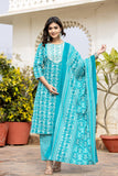 Varanga Women Blue Printed Round Neck Yoke  Embroidered Kurta Paired With Bottom And Dupatta