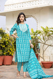 Varanga Women Blue Printed Round Neck Yoke  Embroidered Kurta Paired With Bottom And Dupatta