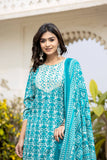 Varanga Women Blue Printed Round Neck Yoke  Embroidered Kurta Paired With Bottom And Dupatta