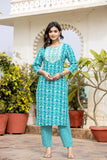 Varanga Women Blue Printed Round Neck Yoke  Embroidered Kurta Paired With Bottom And Dupatta