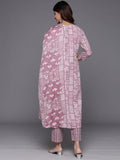 Varanga Women Magenta Printed Round Neck Embroidered Kurta Paired With Bottom And Dupatta