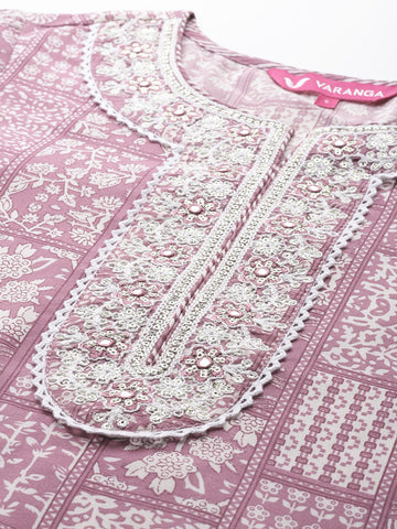 Varanga Women Magenta Printed Round Neck Embroidered Kurta Paired With Bottom And Dupatta