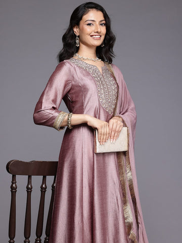 Varanga Women Mauve Zari Embroidered Sequins Embellished Anarkali Kurta with Bottom and Dupatta