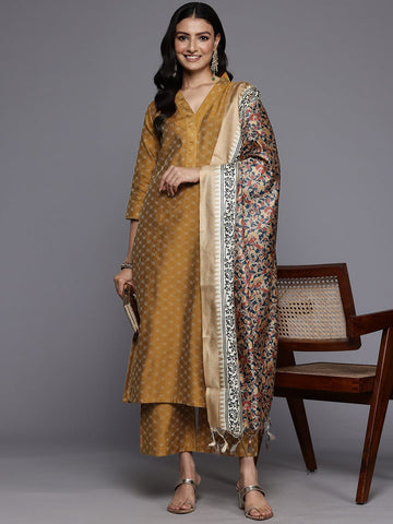 Varanga Women Mustard Jacquard Kurta Set With Dupatta