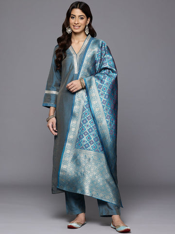 Varanga Women Blue Gota And Lace Embellished Kurta With Bottom And Printed Dupatta