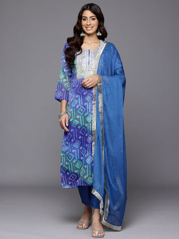 Varanga Women Blue Bandhani Printed Zari Embroidered Kurta With Bottom And Dupatta